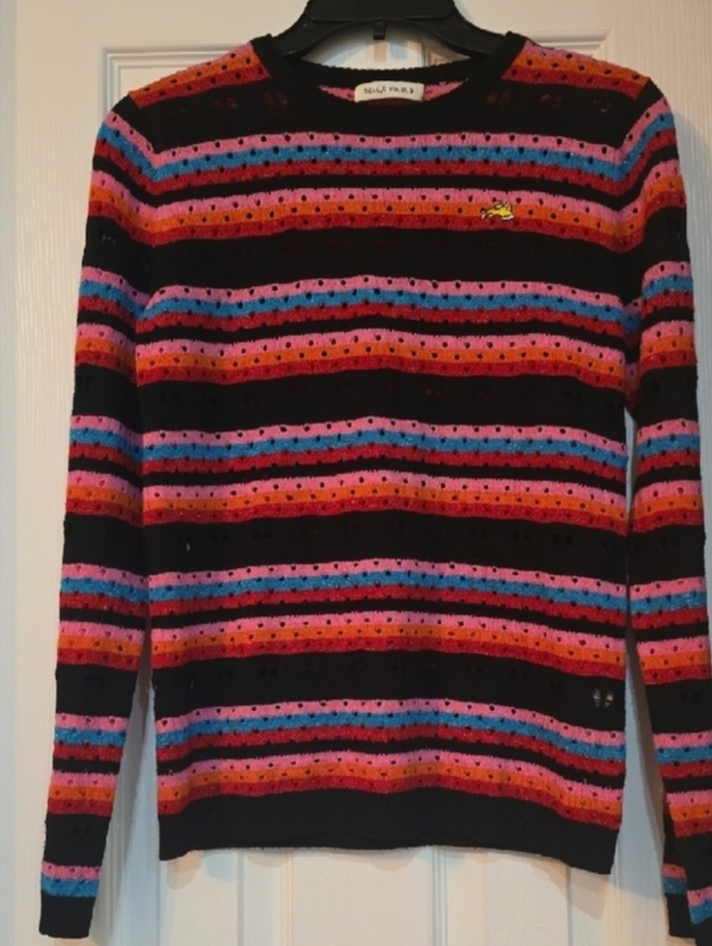 Bella Freud Striped Crewneck Wool Jumper Black with Pink & Blue Stripes